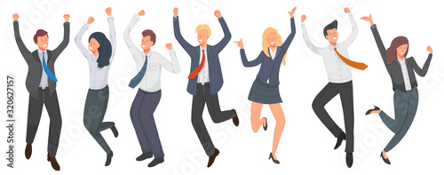 Happy group of office worker jumping vector illustration. Cheerful employees celebrating victory. 