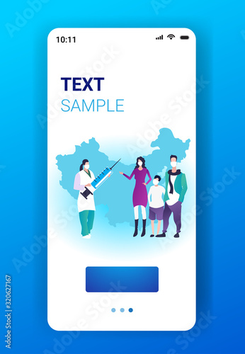 family doctor holding syringe vaccine to prevent epidemic MERS-CoV virus concept wuhan coronavirus 2019-nCoV pandemic medical health risk chinese map background full length vertical copy space vector