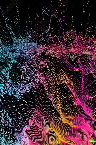 Falling dotted wavy lines abstract space surface on black background. Topography map, fantastic landscape, scientific concept abstract illustration.