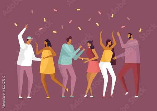 Cartoon vector illustration in flat design. Set of people having fun at a night party, dancing, celebrate. Young men and women. 