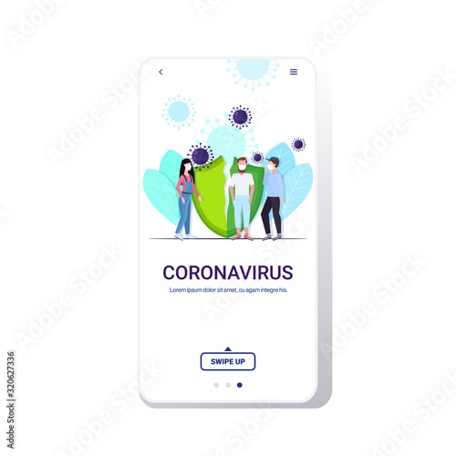 people wearing protective masks to prevent epidemic MERS-CoV virus concept wuhan coronavirus 2019-nCoV pandemic medical health risk broken shield full length copy space mobile app vector illustration