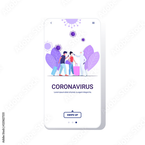 man in hazmat suit checking airport passengers temperature spreading coronavirus infection epidemic MERS-CoV virus wuhan 2019-nCoV pandemic health risk concept full length mobile app copy space vector