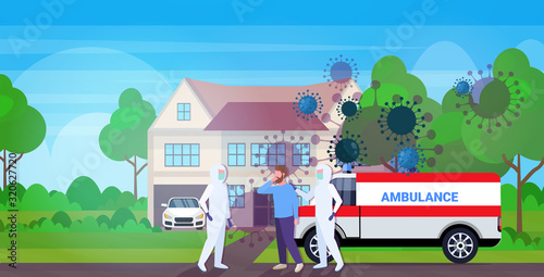 men in hazmat suits moving infected patient into ambulance car coronavirus cells epidemic MERS-CoV virus concept wuhan 2019-nCoV pandemic health risk full length horizontal vector illustration