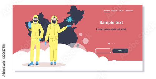 man woman in hazmat suits and protection masks to prevent epidemic MERS-CoV wuhan coronavirus 2019-nCoV pandemic medical health risk chinese map background full length horizontal copy space vector