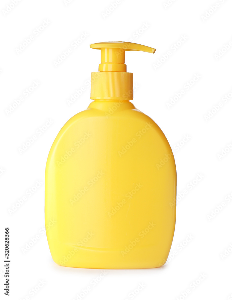 Yellow plastic dispenser isolated on white. Mockup for design Yellow plastic dispenser isolated on white. Mockup for design
