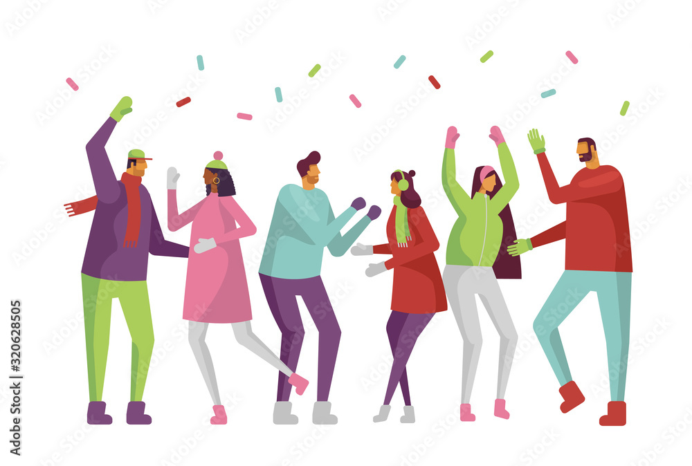 Characters collection. People having fun at winter party. Cartoon vector illustration in flat design style. Young and beautiful boys and girls celebrate, dancing, launch confetti. 