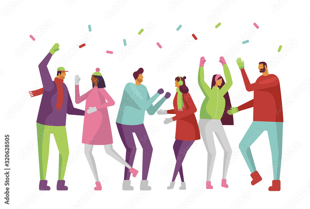Characters collection. People having fun at winter party. Cartoon vector illustration in flat design style. Young and beautiful boys and girls celebrate, dancing, launch confetti. Characters collection. People having fun at winter party. Cartoon vector illustration in flat design style. Young and beautiful boys and girls celebrate, dancing, launch confetti.