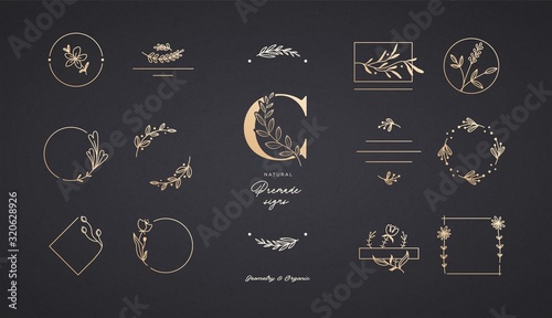Set of minimalistic elegant geometric floral elements. Premade decorative fashion labels, signs
