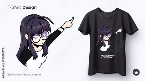 T-shirt design of very angry girl pointing away. Anime style illustration for t-shirts, posters, sweatshirts and souvenirs