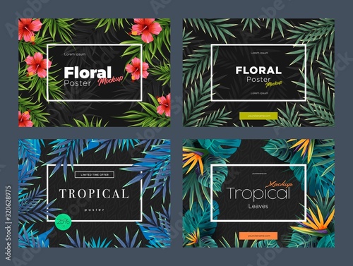 Set of Bright tropical backgrounds with jungle plants. Exotic patterns with tropical leaves