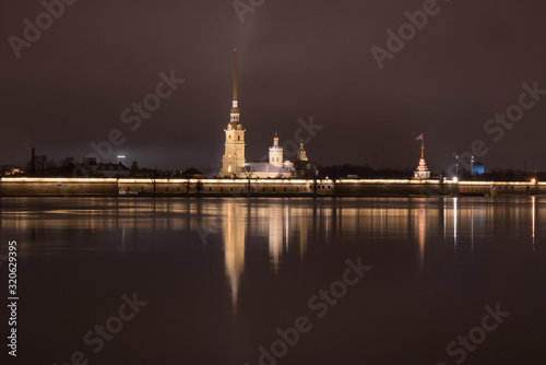  Peter and Paul Fortress and the Neva River decorated for Christmas. Petersburg eve of the new year. Winter night Russia.