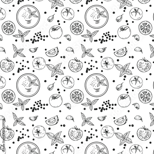 Gazpacho soup with tomatoes, garlic, peppercorns, basil in line art style. Vector vegetable pattern.