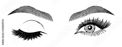 Illustration with woman's eye wink, eyebrows and eyelashes. Makeup Look. Tattoo design. Logo for brow bar or lash salon.