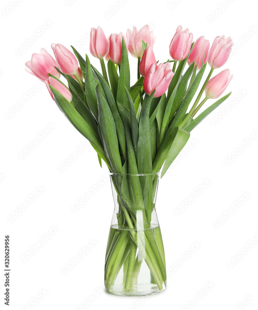 Beautiful pink spring tulips in vase isolated on white Beautiful pink spring tulips in vase isolated on white