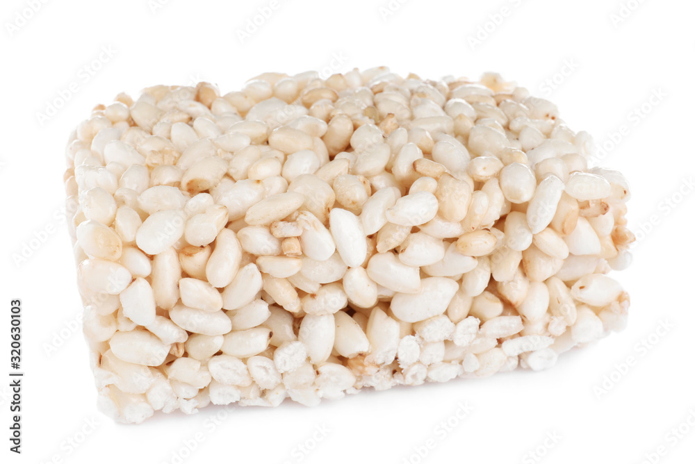 Bar of delicious rice crispy treat isolated on white