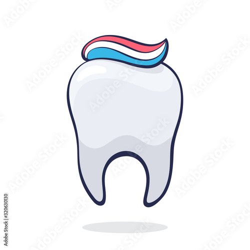 Vector illustration. Clean healthy human tooth with toothpaste. Symbol of somatology and oral hygiene. Graphic design with contour. Clip art for packaging, signboard. Isolated on white background