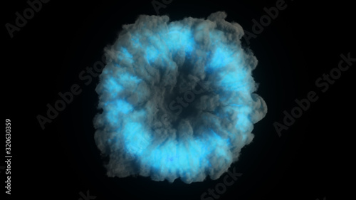 Abstract portal in thick puffs of smoke on an isolated black background. Glowing blue neon light in the smoke. 3d illustration photo