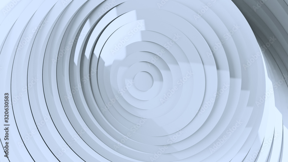Abstract pattern of circles with the effect of displacement and rotation. White clean rings animation. Reflective surface. Abstract background for business presentation. 3d illustration Abstract pattern of circles with the effect of displacement and rotation. White clean rings animation. Reflective surface. Abstract background for business presentation. 3d illustration