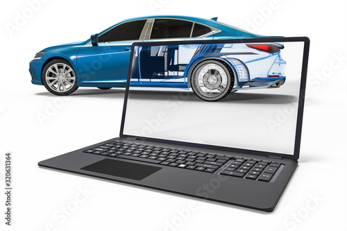 3D rendering representing an x-ray of a car with a laptop.