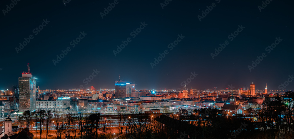 Night panorama of the city of Gdańsk