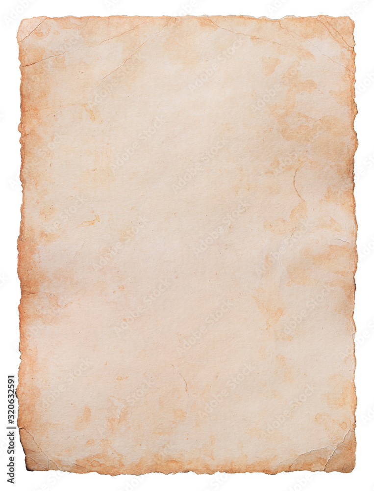 Old paper sheet isolated on white background. Clipping path included. 