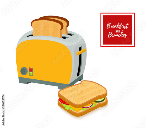 Vector set of toaster with fried bread and sandwich