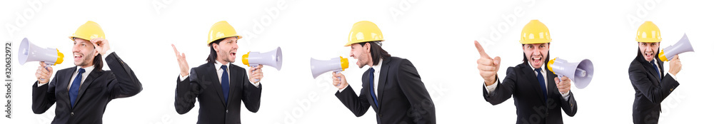 Man with helmet and loudspeaker on white Man with helmet and loudspeaker on white