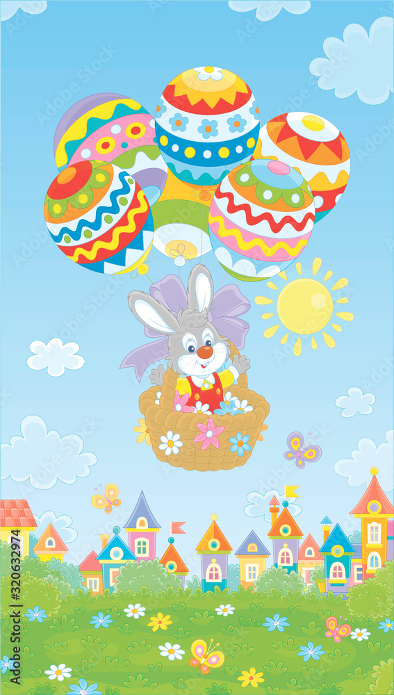 Little Easter bunny flying in its holiday basket with colorfully decorated balloons above a small toy town on a sunny spring day, vector cartoon illustration Little Easter bunny flying in its holiday basket with colorfully decorated balloons above a small toy town on a sunny spring day, vector cartoon illustration