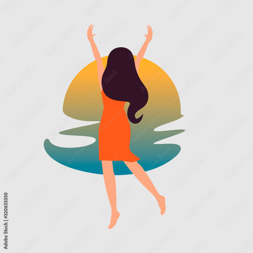 A girl stands on a sunset background with her back. Young woman with outstretched arms. The wind. Flat cartoon style. Illustration of pleasure from rest. Sea at sunset or sunrise. Isolated on white