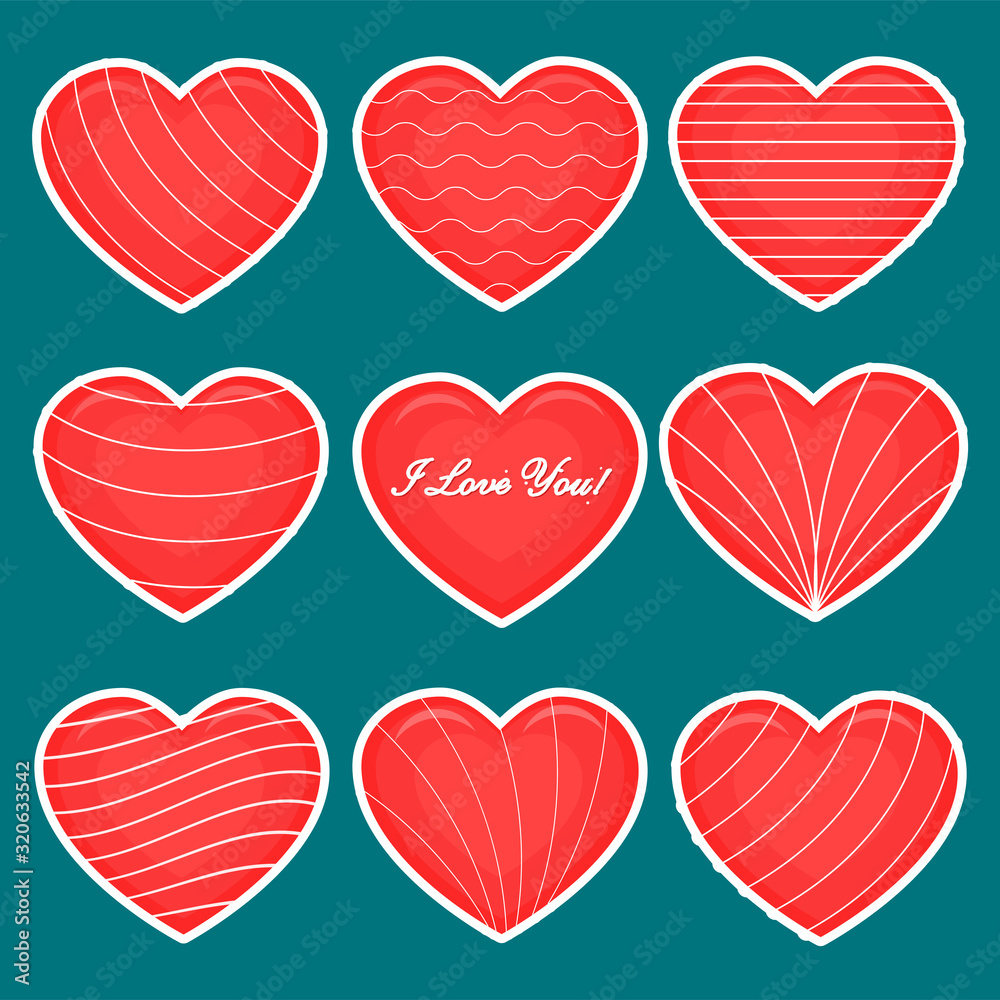 Vector set of nine red hearts stickers in white stroke with text about love and patterns isolated on a dark background. Valentine s day or wedding for your design. Flat style