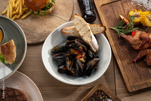 mussels cooked. Baked Mediterranean mussels. Sea Food.