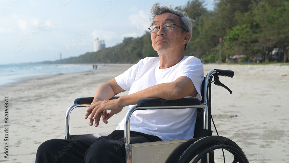 Obraz premium Holiday concepts. Disabled old man looking at nature on a wheelchair by the beach. 4k Resolution.