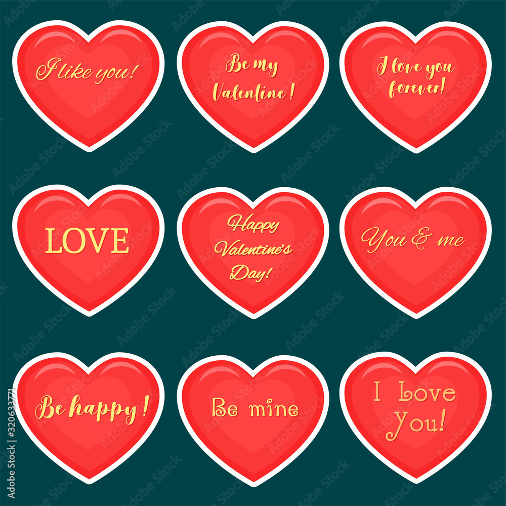 Vector set of nine red hearts stickers in white stroke with gold text about love, isolated on dark background. Valentine s day or wedding for your design. Flat style