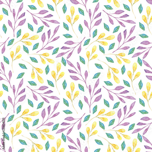 Wallpaper Mural Seamless pattern of watercolor purple and yellow leaves on a white background. Use for wedding invitations, birthdays, menus and decorations. Torontodigital.ca