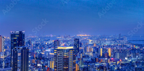 Panorama of Beautiful Osaka city aerial night light view, Japan