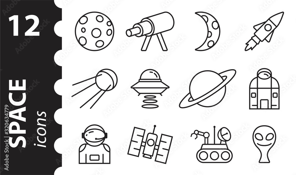 Fototapeta premium Space icons. A set of fine lines. Galaxy, planet. Vector illustration in flat style.