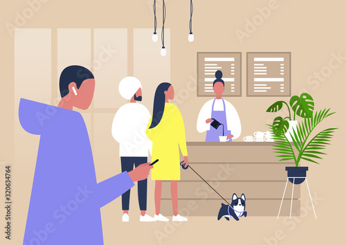 Modern coffeeshop scene, A line of characters waiting at the counter, lifestyle illustration