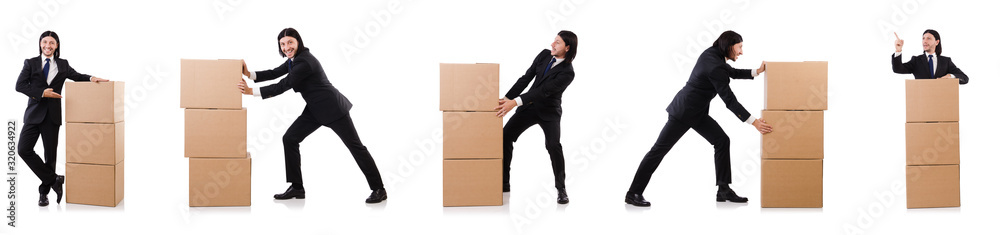 Funny man with boxes on white Funny man with boxes on white