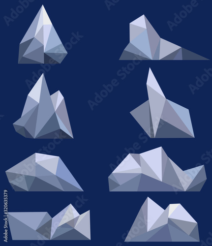 Set of polygonal icebergs on blue background. Floating icebergs on the water. Low poly design. Objects for icons  wallpaper  logo.