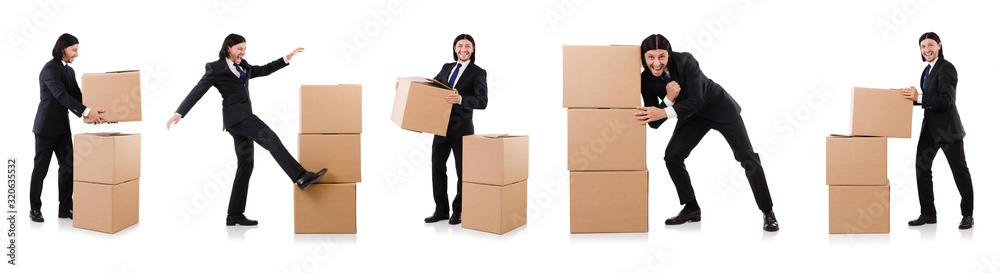 Funny man with boxes on white Funny man with boxes on white