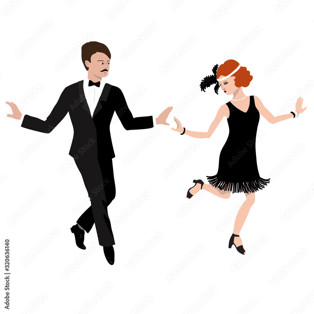 Fototapeta premium Vector Illustration of dancing couple in the style of the 1920s in charleston dance pose. Beautiful young lady and elegant gentleman. Characters in flat style on a white background
