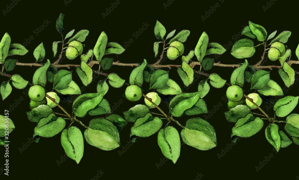 Obraz premium pattern tree apple tree leaves branches apples horizontal repeating dark background