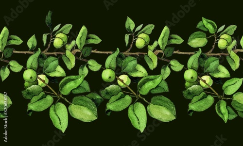 pattern tree apple tree leaves branches apples horizontal repeating dark background