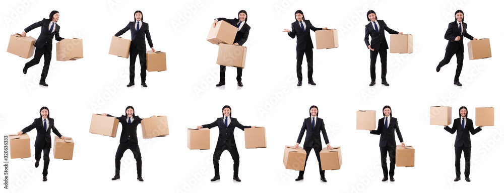 Fototapeta premium Funny man with boxes on white
