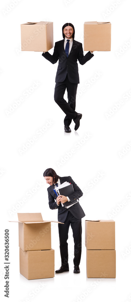 Funny man with boxes on white Funny man with boxes on white