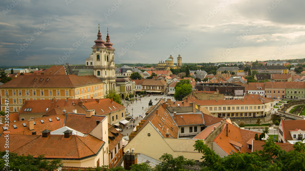 Panoramic view of the old town in Eger seen from the castle walls at sunset, Eger, Hungary