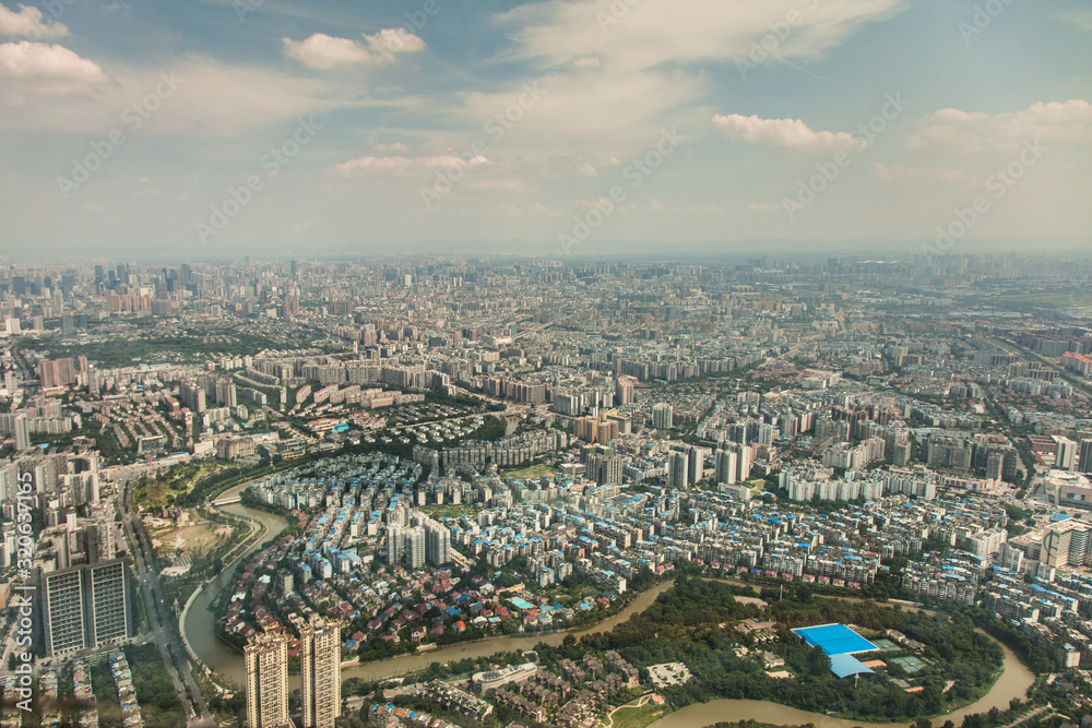 part of the City of Chengdu, province Sichuan - aerial view - during a sunny summer day 