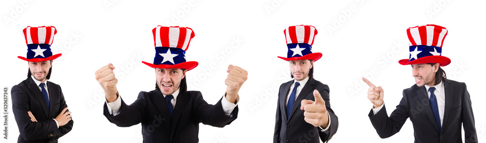 Man with american flag isolated on white Man with american flag isolated on white