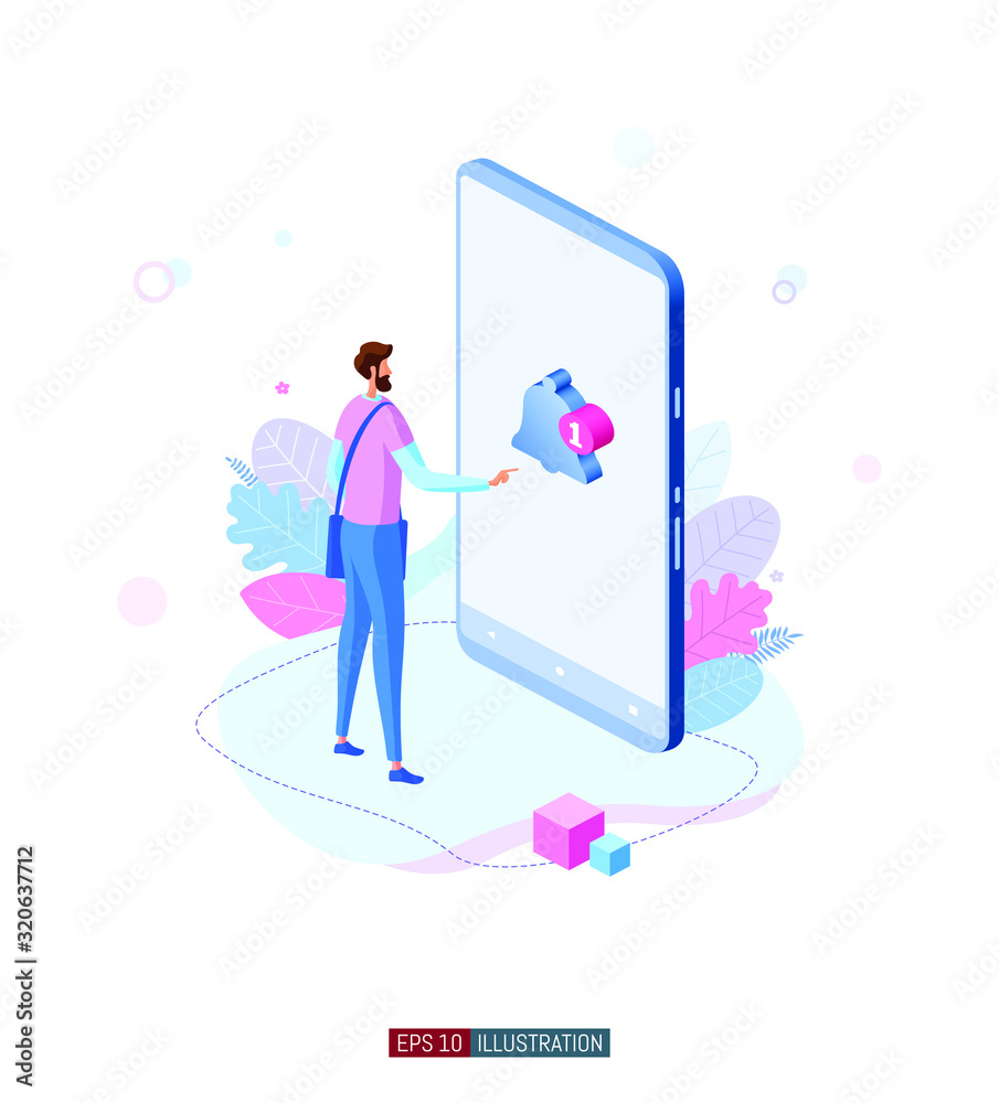 Trendy flat illustration. Guy receives a message on his smartphone. Social network. Subscription. Communication. Feedback. Template for your design works. Vector graphics. Trendy flat illustration. Guy receives a message on his smartphone. Social network. Subscription. Communication. Feedback. Template for your design works. Vector graphics.