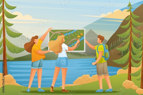 Young people are studying a map on the lake in the woods, camping. Flat 2D character. Concept for web design